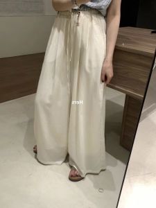 Korean Style Womens High Waist Wide Leg Pants Drawstring Casual Trousers Double Layer Loose Fit Summer Slimming Versatile
