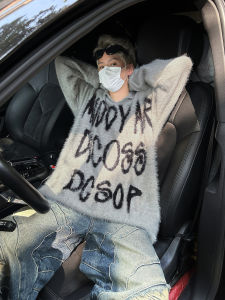 เสื้อสเวตเตอร์คอโปโลลายตัวอักษรสไตล์อเมริกันย้อนยุคสำหรับฤดูใบไม้ร่วงสำหรับผู้ชายและผู้หญิง ทรงหลวม ลำลอง คอกลม แขนยาว ผ้าฝ้าย