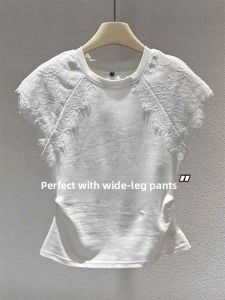 White Lace Splice Short Sleeve T-Shirt Womens Summer New Design Slimming Short Style Top Korean Style Commute Fashion