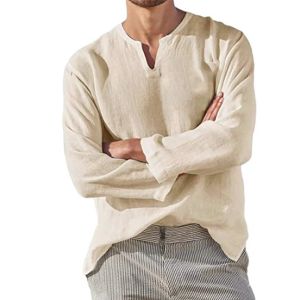 Mens Cotton Linen Shirt Cozy Solid Color Long Sleeve Breathable Tops V Neck Casual Blouse Hawaiian Shirt Lightweight Shirts