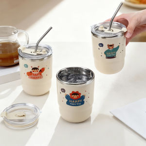 แก้วน้ำเก็บความร้อนพกพา WORTHBUY ทำจากสแตนเลส 304 สองชั้น พร้อมหลอดดูด ลายการ์ตูนสำหรับเด็ก ป้องกันน้ำร้อนลวก