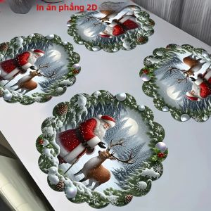 VIKAMA 4/6PC Giáng Sinh Placemats Tròn Viền Lượn Sóng Ông Già Noel Cảnh Tuyết Polyester Không Dệt Trang Trí Bàn Ăn Cho Bữa Tiệc