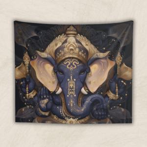 VIKAMA Blue Gold Elephant God Ganesh Tapestry Indian Mythology Elephant Head God Background Cloth Decoration Room Decoration
