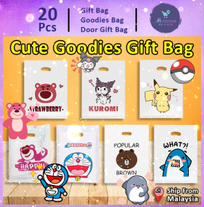 Gift Bag Pikachu Doreamon Kuromi Strawbeery Bear Kitty Shark handle plastic bag Packaging bag Goodies bag Party bag Raya bag Gift Bag 20pcs (2)