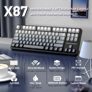 ATTACK SHARK | ATTACK SHARK X87 Wireless Mechanical Gaming Keyboard Hot Swappable Tri-Mode BT5.0/2.4G/USB-C Gasket Custom Keyboard Pre-lube