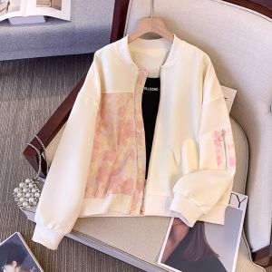 WANGGONGZHU | Retro Print Casual Baseball Jacket Women Spring Autumn New Small Design Slimming Jacket Top Princess Style Loose Fit Embroidered Zipper Pocket