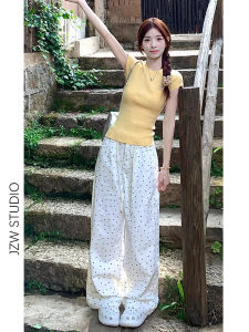 กางเกงขายาวทรงตรงลายจุดสีขาวสำหรับผู้หญิง ทรงหลวม กระโปรงทรงเอเอวสูง ทรงสลิมฟิต กางเกงขายาวทรงสปอร์ตสำหรับฤดูใบไม้ผลิและฤดูใบไม้ร่วง