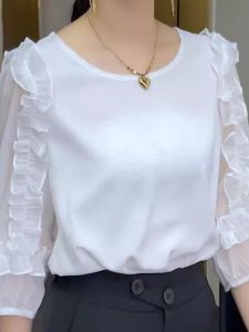 NUANKONG | Lace Voile Flounced Three Quarter Sleeve Summer Womens Blouse