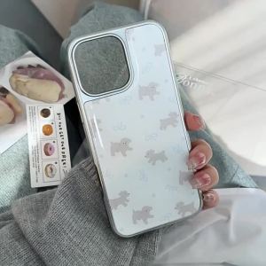 Korean Cartoon Teddy Puppy Drop Glue Silver Border Plating Phone Case for iPhone 17 16 15 14 13 12 Pro Max Shockproof Hard Cover