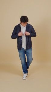 Watchout JS302960126 Pakaian Pria Kemeja Lengan Panjang Katun Flanel Kotak-kotak Regular Fit Navy