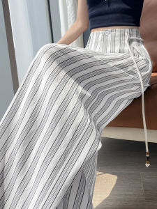 Ice Silk Cotton Linen Stripe Suit Pants Women Summer Thin High Waist Loose Straight Narrow Version Draped Wide Leg Pants
