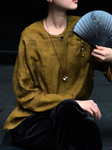 MANMI | Traditional Chinese Long Sleeve Shirt Autumn Yellow Round Neck