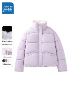 เสื้อแจ็คเก็ตผ้าฝ้ายทรงสั้นมีซิปแบบสวมหัวทรงเข้ารูปสำหรับผู้หญิงในฤดูหนาวปี 2025 ทรงเข้ารูปแบบเรียบง่าย แขนยาว ปกติ