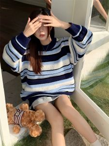 Colorful Striped Thickened Knitted Sweater Womens Autumn Winter Loose Lazy Style Long Sleeve round Neck Pullover Casual Top