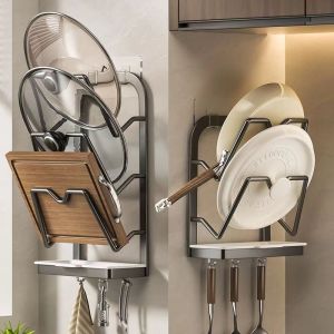 HANGDIAN ที่แขวนแผ่นรองหั่นที่แขวนเขียงชั้นแขวนอุปกรณ์ในครัวติดผนังแบบไม่ติดชั้นวางแบบมีรูฝาหม้อ