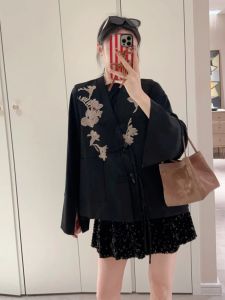 HARSIDE New Chinese Style Embroidered Color Block Bull Horn Button V-neck Womens Jacket Versatile Blue Lotus Flower Outerwear