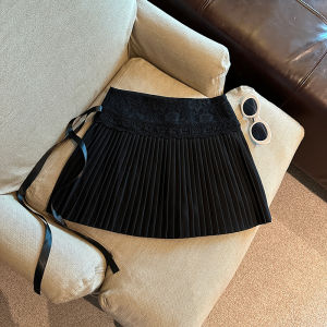 GUZILIAN | Sweet Lace Splice Butterfly Knot Mini Skirt Womens High Waist Anti-Light Pleated Spring Fashionable Half-length Skirts