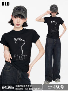 Áo Thun Tay Ngắn Màu Đen in Hình Mèo Mùa Hè Cho Nữ Dáng Ôm Vừa Vặn Chất Liệu Cotton Phong Cách Mỹ Gợi Cảm