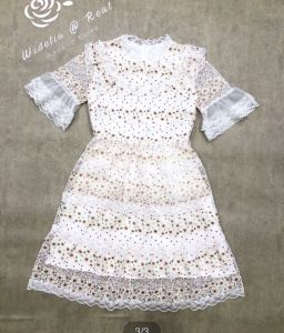 Short Sleeve Crew Neck Embroidery Lace Mesh Dress - P010-097