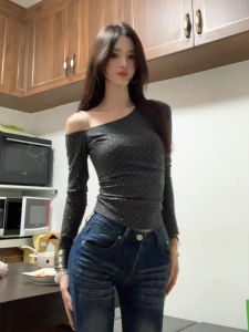 XIANGBAIWEI | American Glittering Dots Gray Slanted Shoulder Long Sleeve Slim Fit T-Shirt