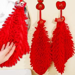 Red New Year Hand Towel Lion Dance Koi Wipe Bathroom Towel Quick Drying Kitchen Restaurant Chenille Hand Towel Chinese Style Lucky Towel 2025 New Year Gift
