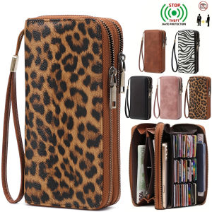 MIYIN Womens Double Zipper Long Wallet RFID Blocking Premium Leather Large Capacity Vintage Clutch Multi-Function Wristlet Bag