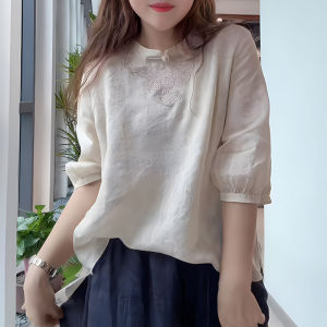 UYFY | Elegant White Short Sleeve Embroidered Loose Casual Shirt Women Summer Fashion Plus Size New Style Button Up Top