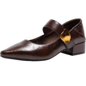 Josiny | French Retro Brown New Spring/Summer Womens Low Cut Chunky Heel Pointed Toe Mary Jane Shoes