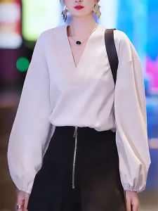 QINGNAER | Elegant White Cross V-Neck Long Sleeve Loose Shirt