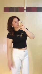 กางเกงยีนส์สาวอวบ M 338 กางเกงยีนส์ยืด แปดส่วน สีขาวปลายขาปล่อย