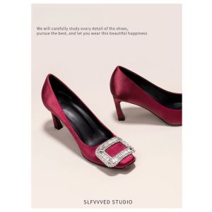 Red High Heels Thin Heel Square Head Single Shoes Spring Autumn New Style Wang Man Ni Water Diamond Buckle Fashionable Women Shoes