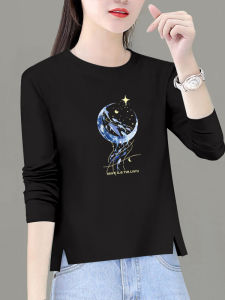 เสื้อยืดคอกลมแขนยาวผู้หญิง ทรงหลวม ผ้าฝ้ายแท้ สีดำ ฤดูใบไม้ผลิ ฤดูใบไม้ร่วง 2025 ดีไซน์ใหม่ ดีไซน์เปิดด้านข้าง เสื้อชั้นใน