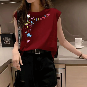 Summer New Design American Retro Loose Slimming Sleeveless Sports Vest Womens Shoulder Top Printed Commute Style Polyester Cotton Blend