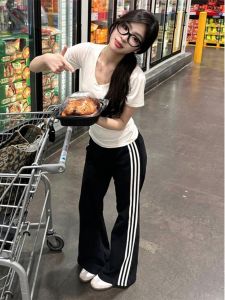 American Three Bars Sports Pants Women High Waist Loose Drape Casual Sweatpants Pure Cotton Versatile Straight Leg Wide Leg Pants