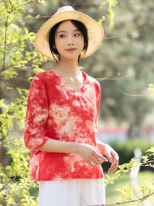 Retro Artistic Pure Flax Tie Dye Print Loose Slimming Lightweight Breathable V Neck Top Versatile Overhead Shirt for Women