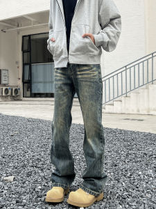 กางเกงยีนส์ทรงตรงเอวกลางหลวมๆ สำหรับผู้ชาย ทรงสตรีทสไตล์อเมริกัน กางเกงขายาวทรงหลวมๆ สไตล์วัยรุ่น กางเกงยีนส์ทรงตรง