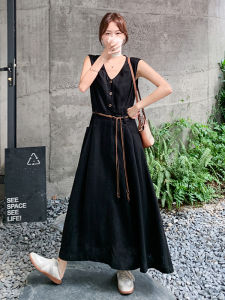 YINLUOYA | Elegant Summer Commute Vest Dress Womens Simple Stylish Midi Skirt High Waist A-Line Silhouette No Sleeve V-Neck Korean Style