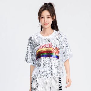 New Square Dance Short Sleeve Top for Men and Women Adult Set Jazz Dance Set Cheerleading Modern Dance Glitter Performance Top
