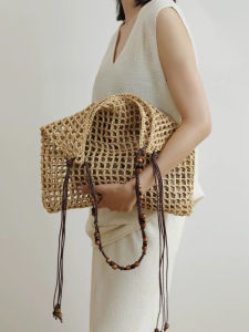 Large Capacity Woven Raffia Summer Beach Bag Beaded Shoulder Tote Bag for Women Casual Canvas Shopping Bag Vintage Style