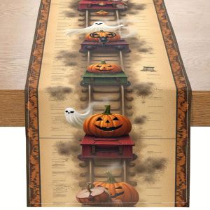 1Pc Halloween Themed Table Runner with Steam Locomotive Pumpkin Lantern and Pattern Suitable for Parties Restaurants Homes Markets Holiday Decoration Scenes.