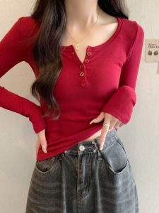 Áo Thun Dài Tay Cổ Chữ U Màu Đỏ Rượu Vang Cổ Điển Cho Nữ Mùa Xuân Thu Gợi Cảm Ôm Vừa Vặn Có Nút Cài Áo Dài Tay