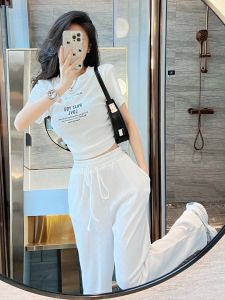 Casual Summer Short Sleeve Thin Wide Leg Pants Two Piece Set for Women Fashionable Sporty Look Polyester Spandex Blend round Neck