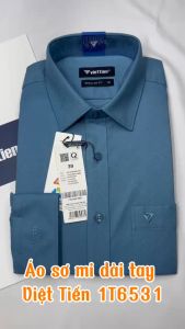 Áo sơ mi dài tay Việt Tiến xanh vân họa tiết 1T6531- Regularfit vạt bầu có size lớn