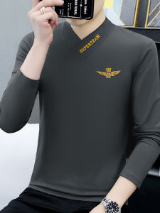 High-End Classic Simple Oblique V Neck Pure Color Half Collar Pure Cotton Long Sleeves T-Shirt Menswear Fashion Brand Men and Women Autumn Bottoming Shirt