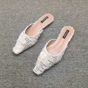 Summer 2025 Fairy Tale Style Pearl Decorated Flat Heel Sandals Womens Slippers Sharp Pointed Toe Crystal Thin Heel Slip-On Shoes