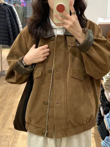 Retro Suede Jacket for Women Spring Autumn Loose Couple Style Turn-down Collar Zipper Pocket Long Sleeve Solid Color Commute