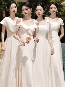 Bridesmaid Gown in Champagne Satin Long Korean Style Womens Dress for Graduation And Wedding Ceremonies A-Line Skirt