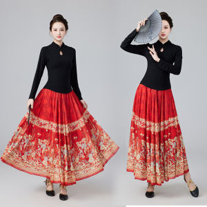 กระโปรงยาวลายดอกไม้บานใหญ่งานเต้นรำจตุรัสแบบจีนคลาสสิกหรูหราและทันสมัยเสื้อสมัยนิยม