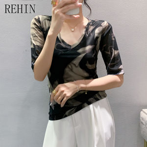 Rehin mùa thu thời trang lưới ngắn tay in Họa Tiết Áo Phông Cổ Chữ V Slim-fit phong cách Hàn Quốc và hợp thời trang Áo cánh nữ