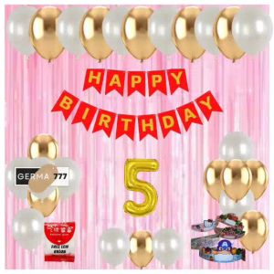 Paket Set Dekorasi Dinding Pesta Ulang Tahun Anak Balon Gold Putih & Banner Happy Birthday Merah